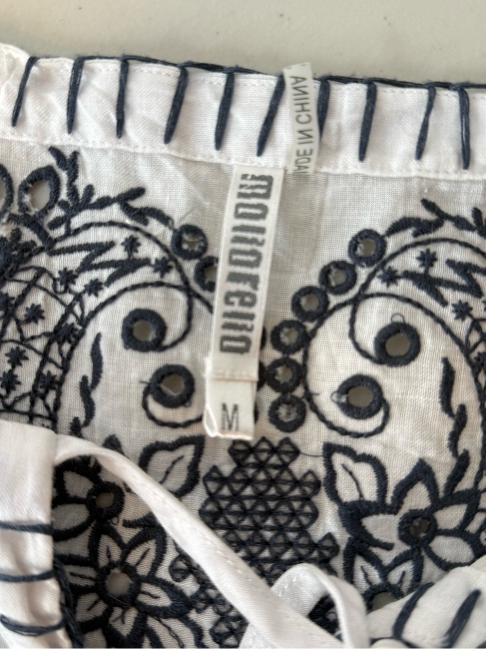 Monoreno Embroidered Linen Tunic Dress White Navy Boho Western Medium - Picture 11 of 12
